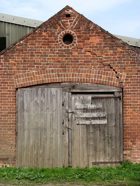 Red brick wall with a crack stepping diagonally along the mortar joints above an arched doorway